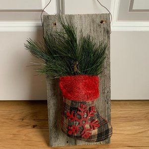 Holiday Stocking Filled with Artificial Pine Needles Wall Decor on Wood Board